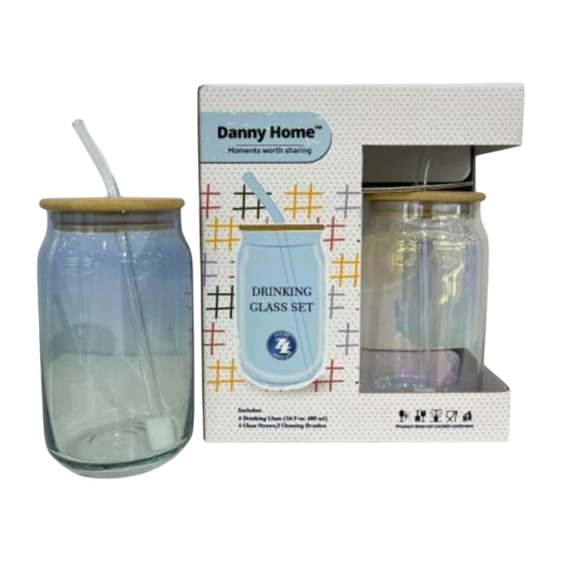 Danny Home 4Pc Juice Glass Jar Set Lidstraw 
480Ml - Clear