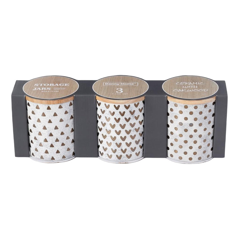 Danny Home 3Pc Ceramic Seasoning Jar Set With Oak Lid-10X10X12Cm-White