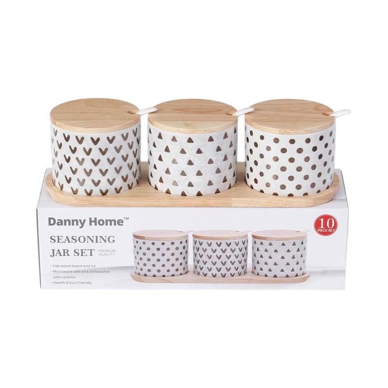 Danny Home 3Pc Ceramic Seasoning Jar Set With Oak Lid, Spoon & Tray-30X10X1Cm-White