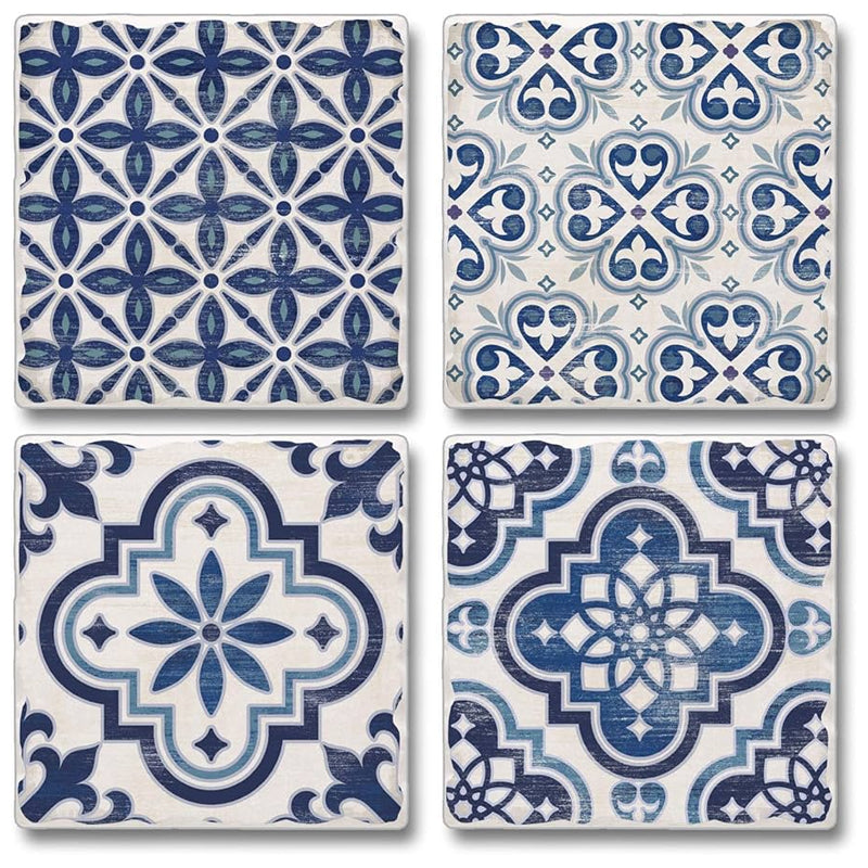 Danny Home 4Pc Ceramic Square Coaster Set Bohemian Design-15-10X1Cm-White&Blue