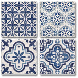 Danny Home 4Pc Ceramic Square Coaster Set Bohemian Design-15-10X1Cm-White&Blue