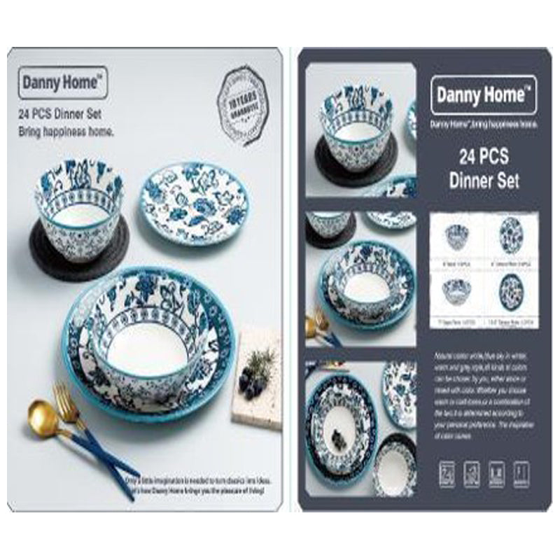 Danny Home 24Pc Ceramic Dinner Set (6 Plate + 7 Soup Plate + 6 Dessert Plate + 6 Bowl)-Multicolor