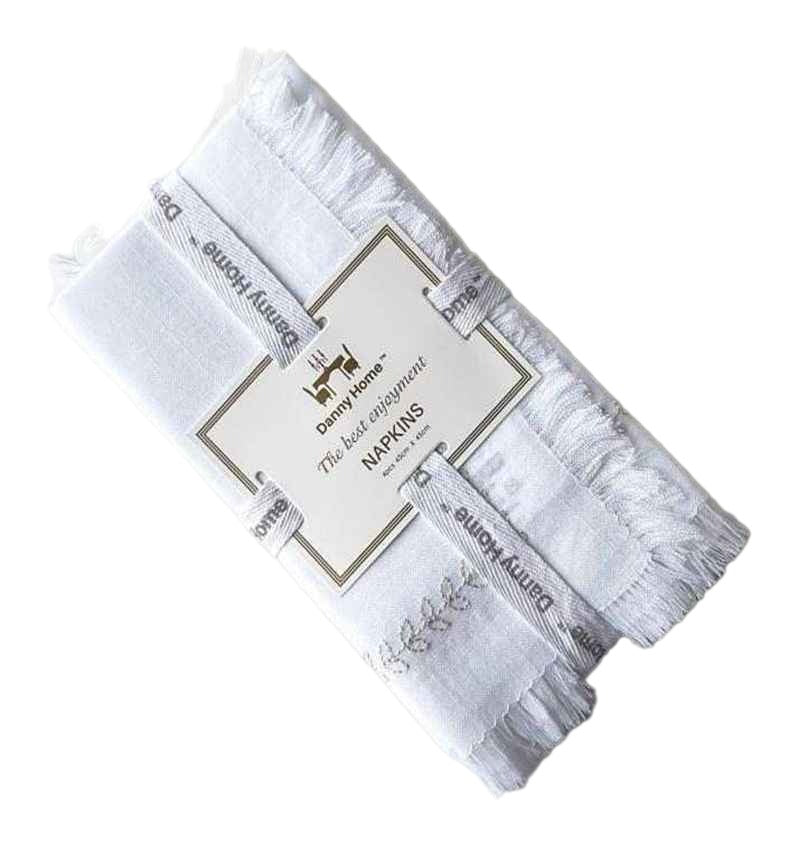 Danny Home 4-Piece Polyester Dining Napkin Set – With Fringe Border – 45 × 45 Cm-White