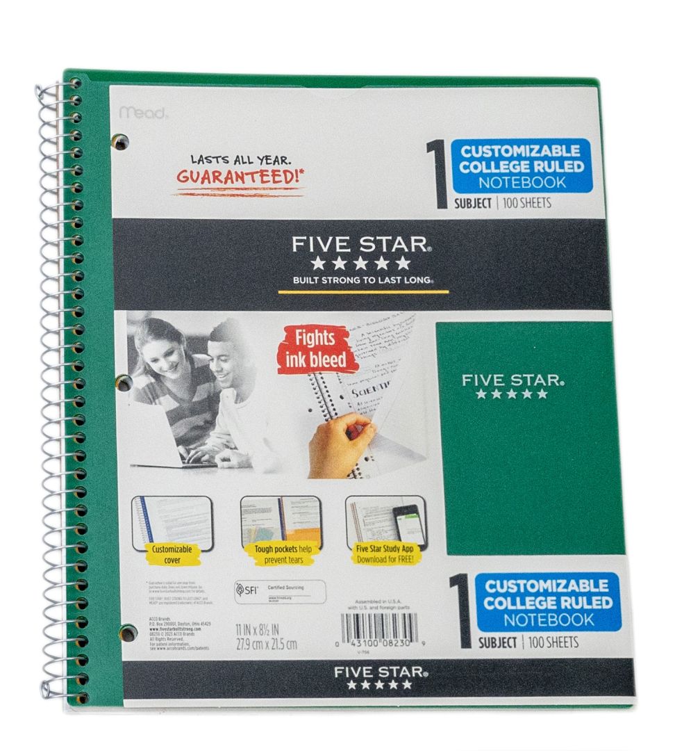 Five Star Customizable Spiral Notebooks (1-Subject, College Ruled) Green