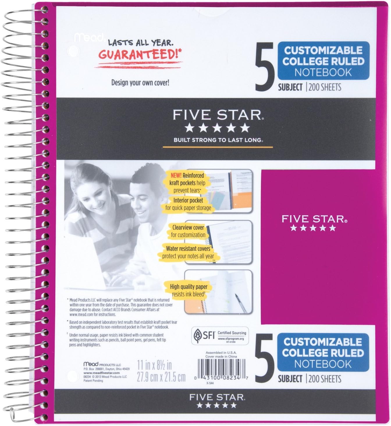 Five Star Five Star 5-Subject Customizable Spiral Notebook Fuchsia