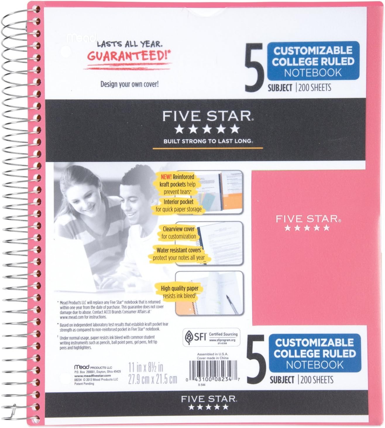 Five Star Five Star 5-Subject Customizable Spiral Notebook Pink