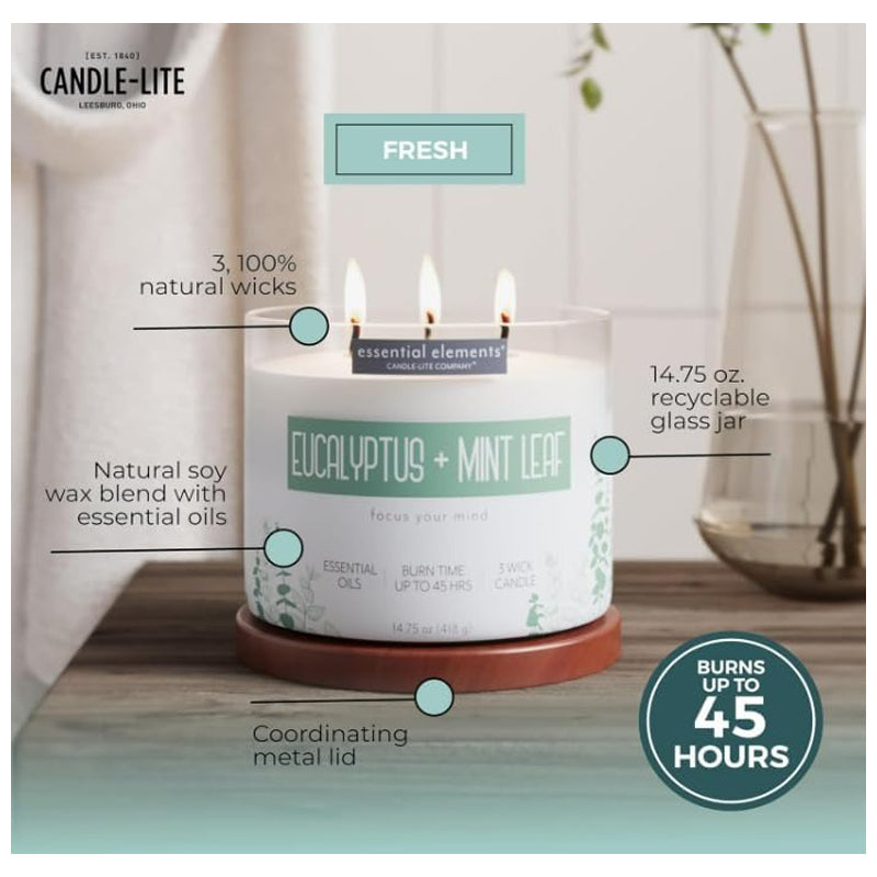 Candle-Lite Candle Esel 9Oz Eucalypt & Mint Leaf-White