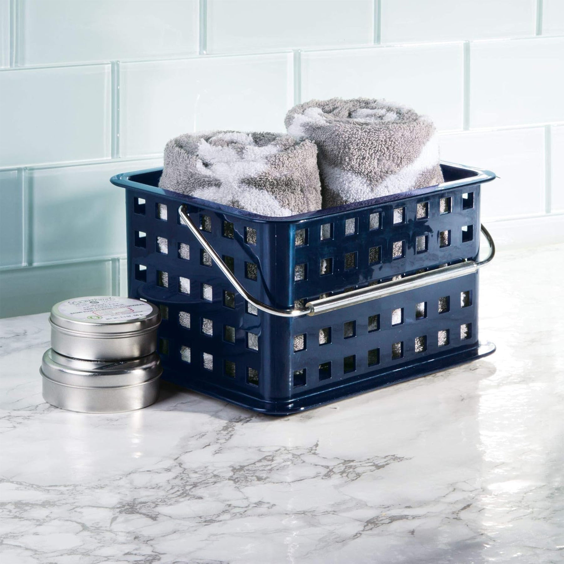 BPA-Free Plastic Small Stackable Basket with Handle - 5.3" x 8.8" x 6.9", Navy