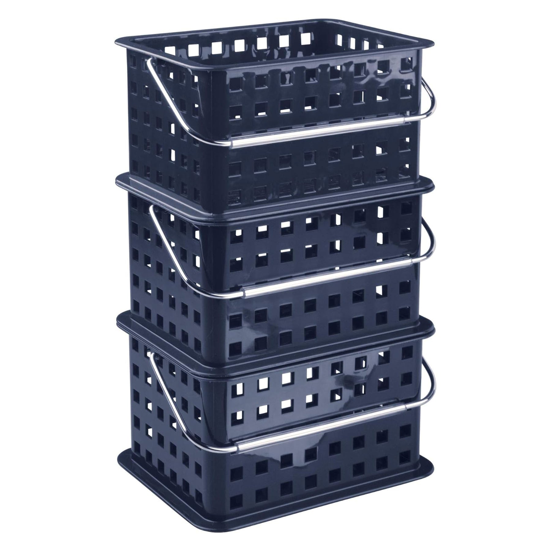 BPA-Free Plastic Small Stackable Basket with Handle - 5.3" x 8.8" x 6.9", Navy