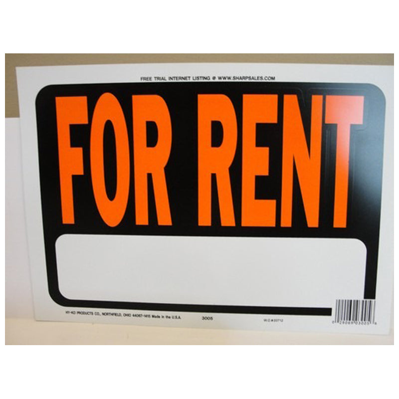 Hy Ko Plastic "For Rent" Sign – 9×12"-Multicolor