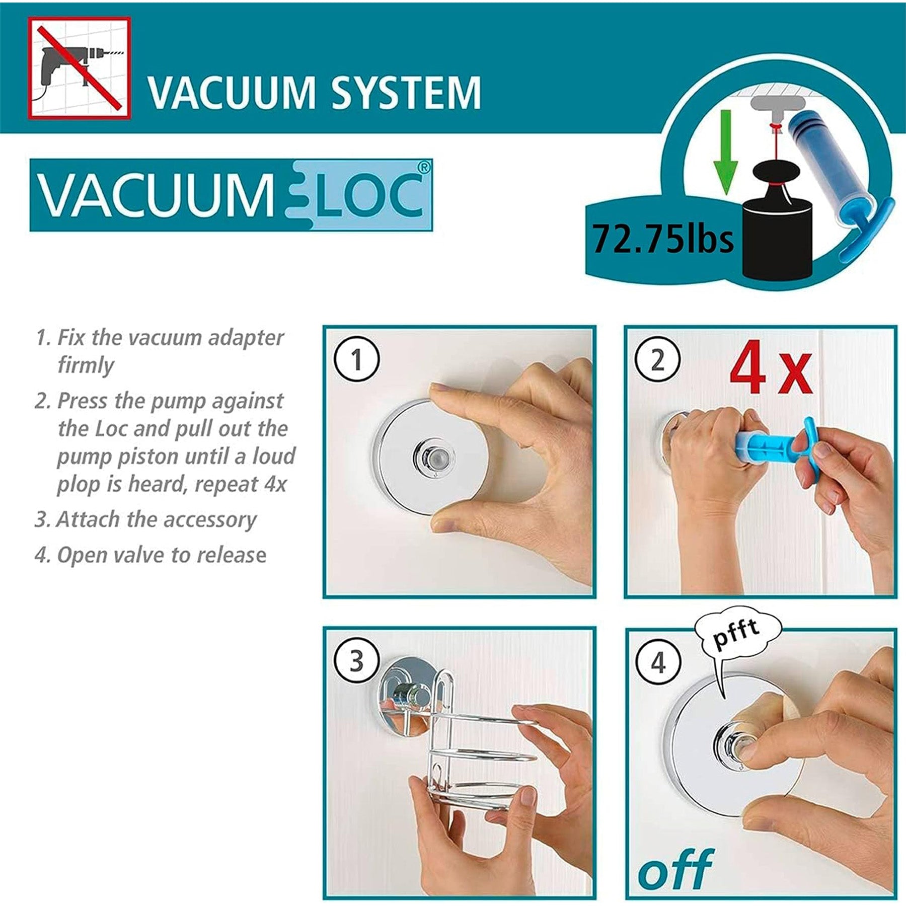 Vacuum-Loc Hook - Set of 2, Plastic, 2.4 x 2.6 x 2 inch, Chrome