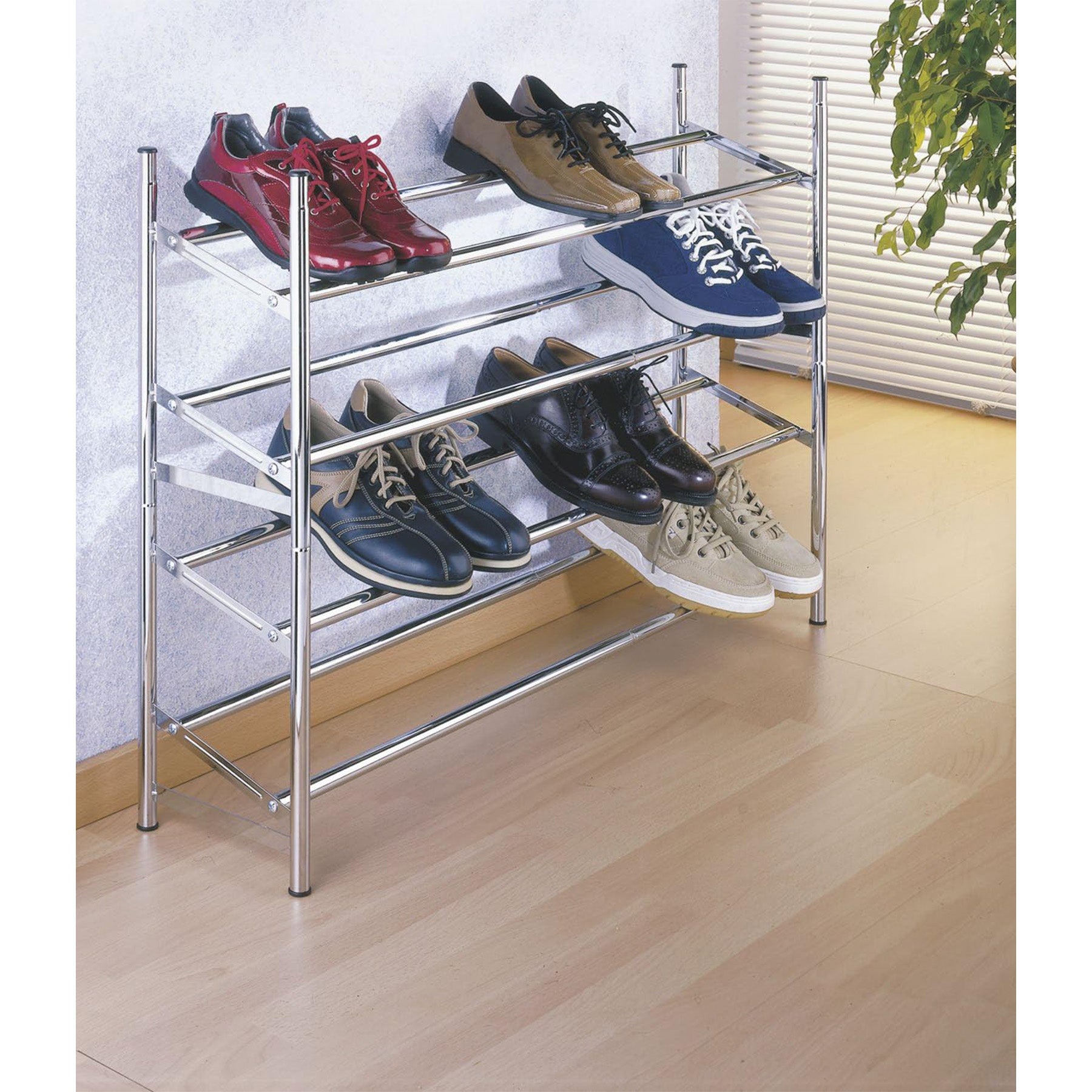 EXTENDABLE 2-LEVEL SHOE SHELF - CHROME - STACKABLE