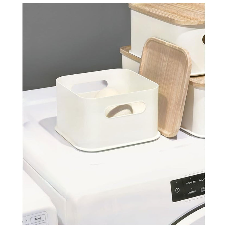 Medium Handled Bin& Wood Lid 8.4X8.4X5 Coconut - Light Grey