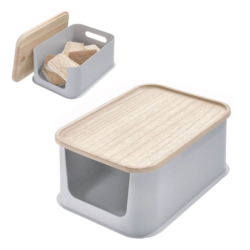 Interdesign Medium Open Front Bin& Wood Lid 8.4X11.9X5 -Brown/Gray