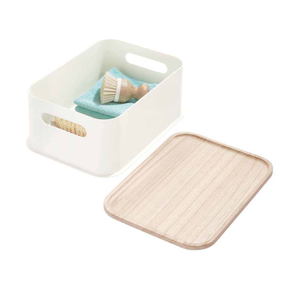 Plastic Medium Storage Bin with Handles & Wood Lid, White