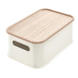 Plastic Medium Storage Bin with Handles & Wood Lid, White