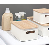 Plastic Medium Storage Bin with Handles & Wood Lid, White