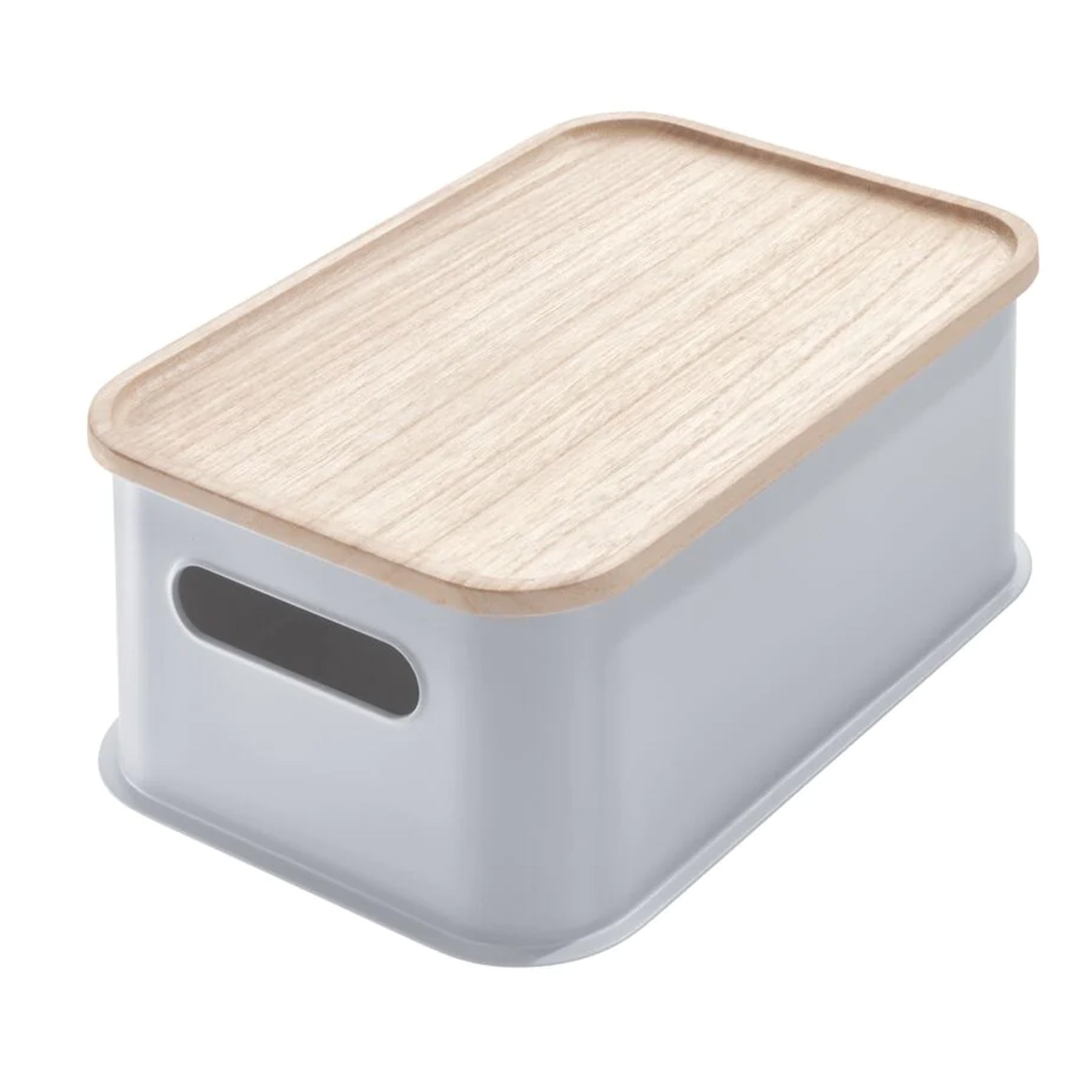 Plastic Medium Storage Bin with Handles & Wood Lid, Grey