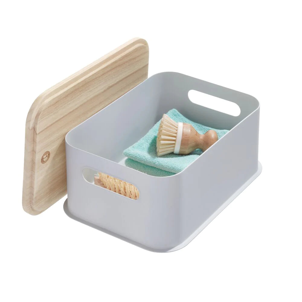 Plastic Medium Storage Bin with Handles & Wood Lid, Grey