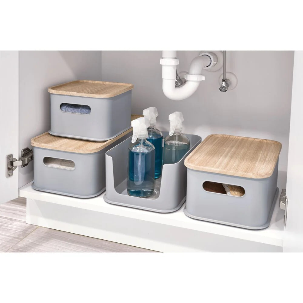 Plastic Medium Storage Bin with Handles & Wood Lid, Grey