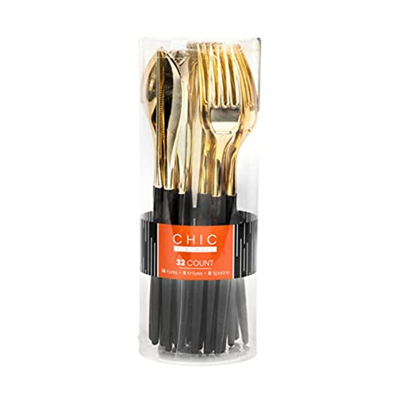 32Pc Chic  Combo Cutlery Pack-Balck&Gold