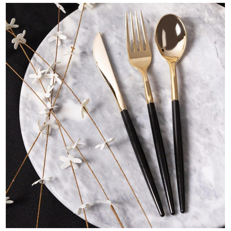 32 Pieces Chic Gold Glitter And Gold Combo Cutlery Pack-Gold-Black