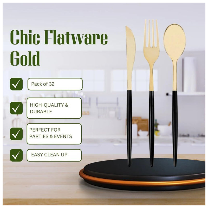 32 Pieces Chic Gold Glitter And Gold Combo Cutlery Pack-Gold-Black