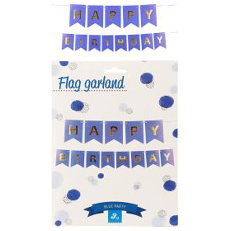 Happy Birthday Flag Banner - Blue - Gold