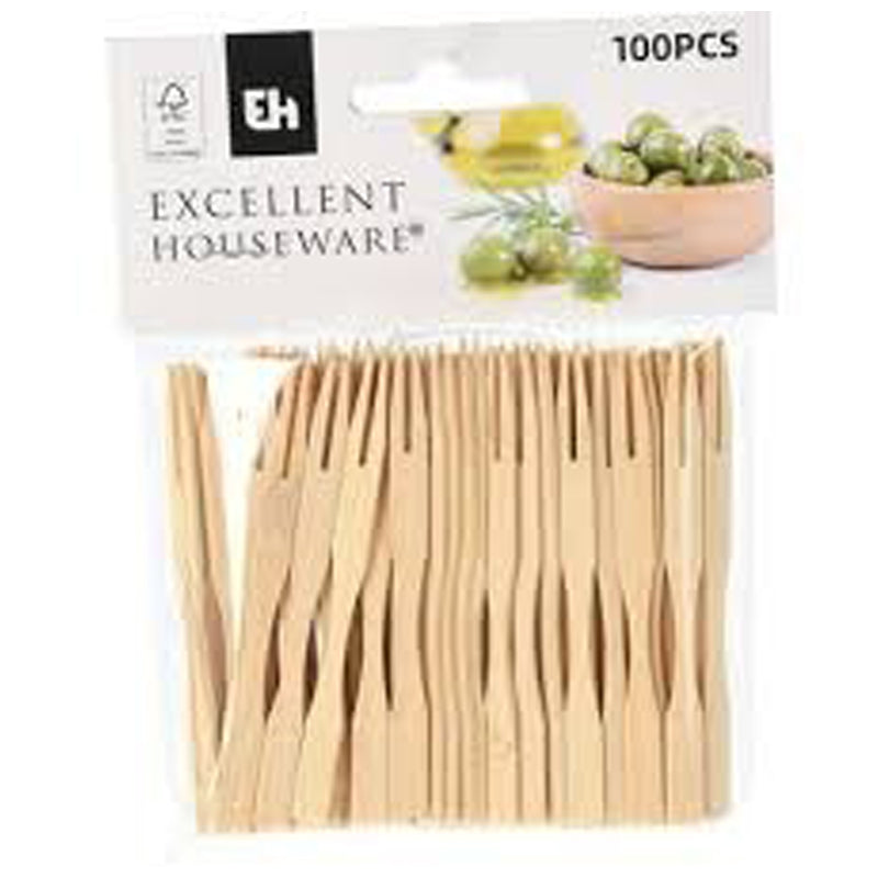 Excellent Houseware 100 Pieces Bamboo Appetizer Forks 8.5Cm-Beige