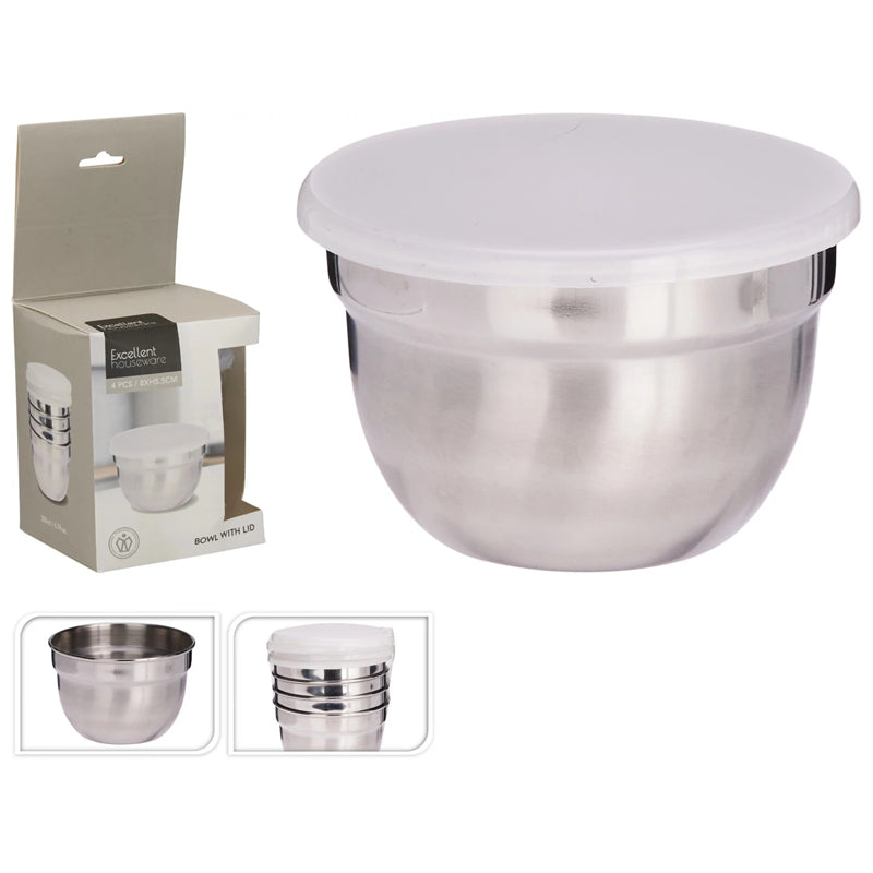 Excellent Houseware Stainless Steel Sauce Bowls With Plastic Lids, 4 Pieces, 8 × 5.5 Cm-Silver