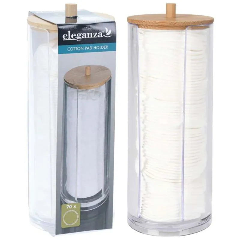 Eleganza Cotton Swab Organizer With Bamboo Lid & 70 Pads 7 × 18.5 Cm-Clear