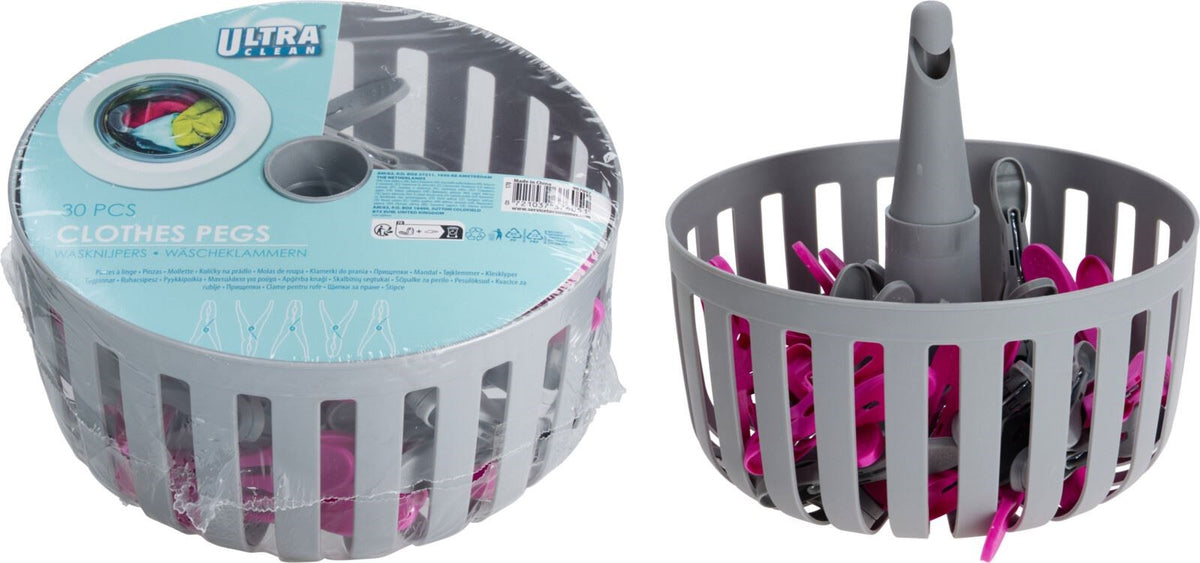 Ultra Clean 30-Piece Clothes Peg Set With Basket-Grey