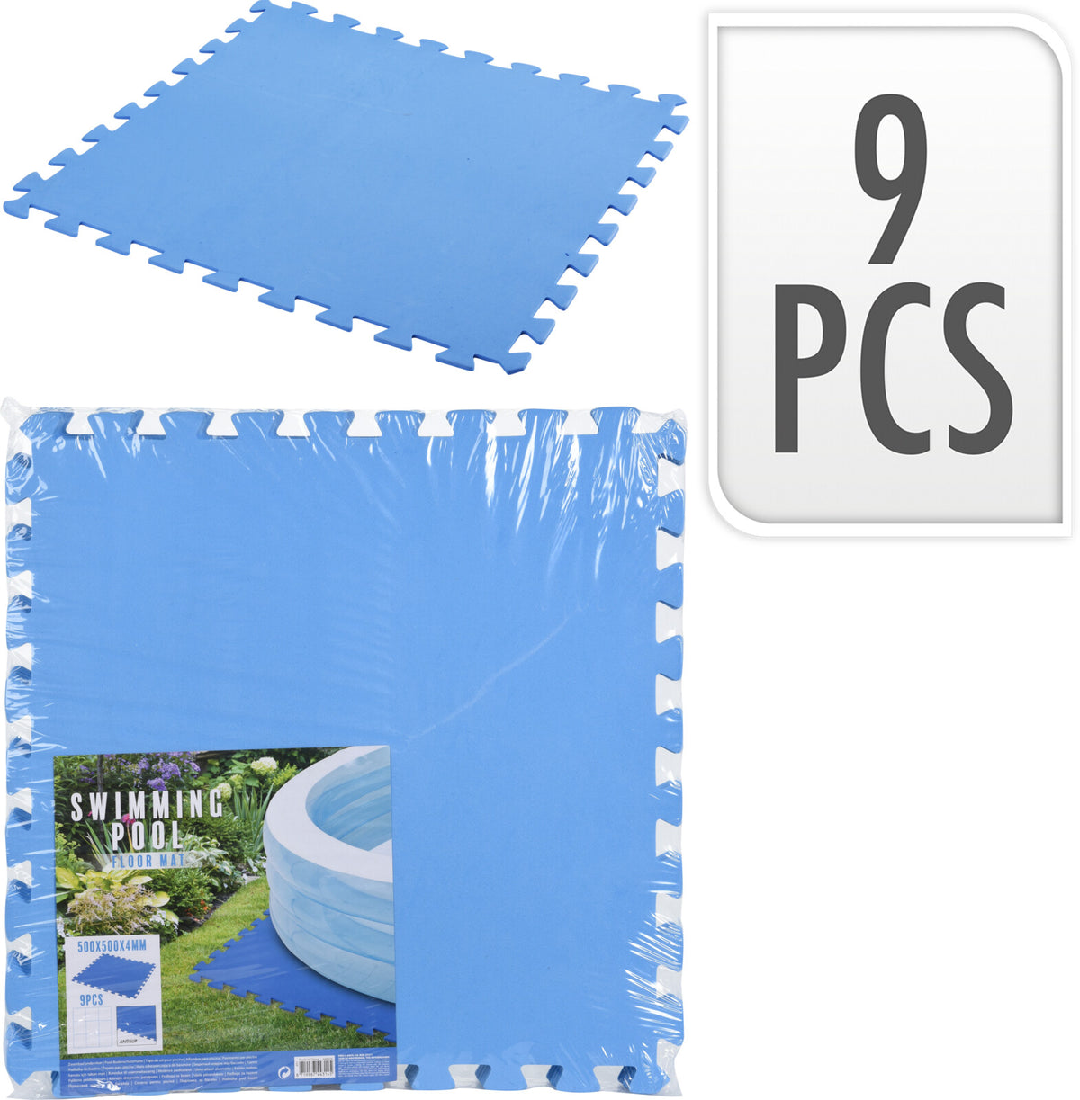 9-Piece Anti-Slip Foam Floor Mat 500×500×4 Mm-Blue